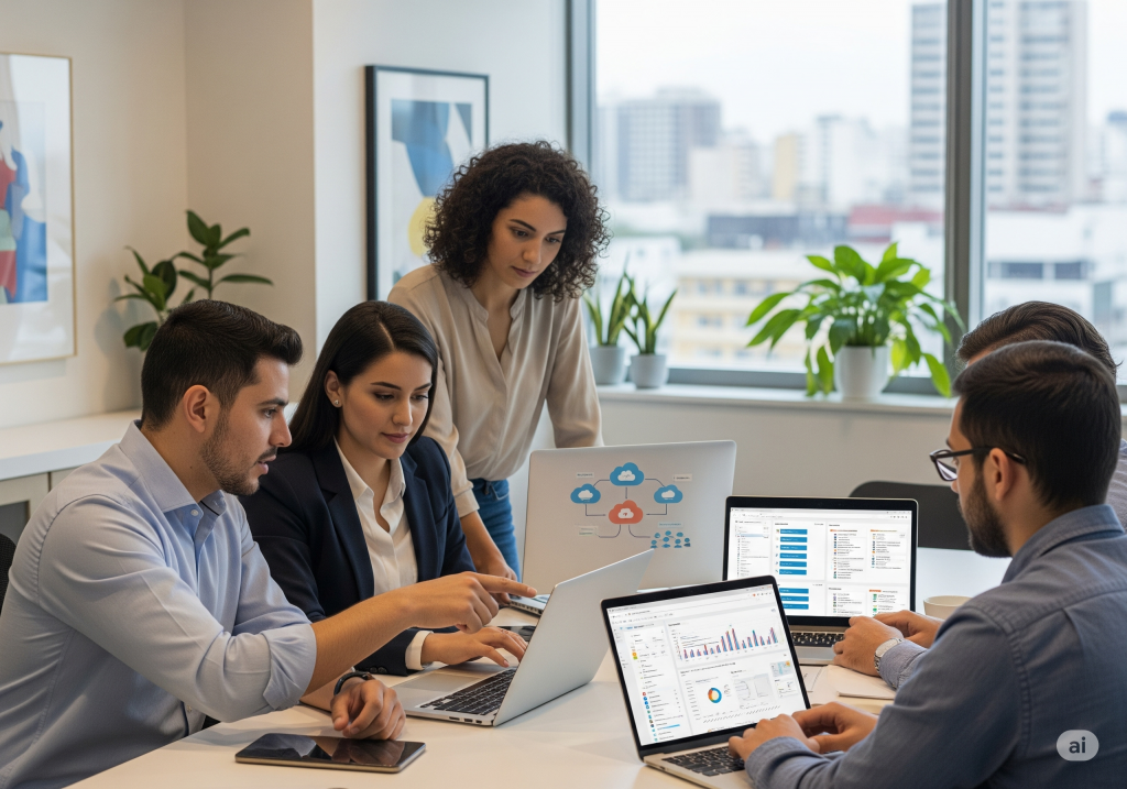 Un equipo diverso de emprendedores colaborando en una oficina moderna, con datos y tecnología en sus computadores.